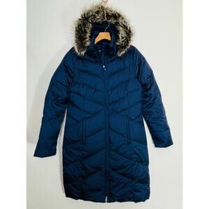 Lands' End Long Down Puffer Coat - Size S (6-8) - Vibrant Blue w/ Faux Fur Hood